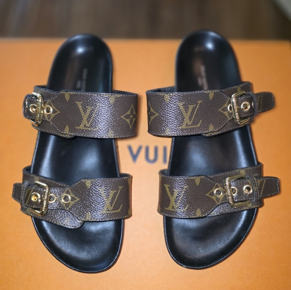 Louis Vuitton Brown Monogram Sandals with Gold Buckles (Mules) Size 37 (US 7) - Picture 2 of 4